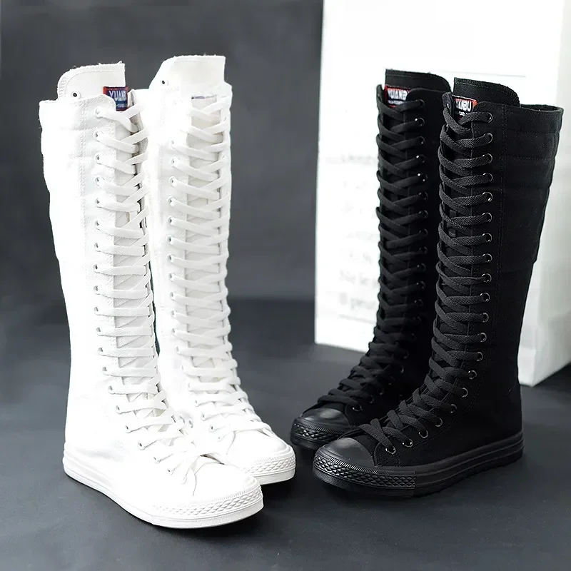 Buty damskie płócienne wiosna jesień Casual wysokie buty długie sznurowane buty na zamek błyskawiczny wygodne płaskie buty trampki Tenis Feminino — zdjęcie 2