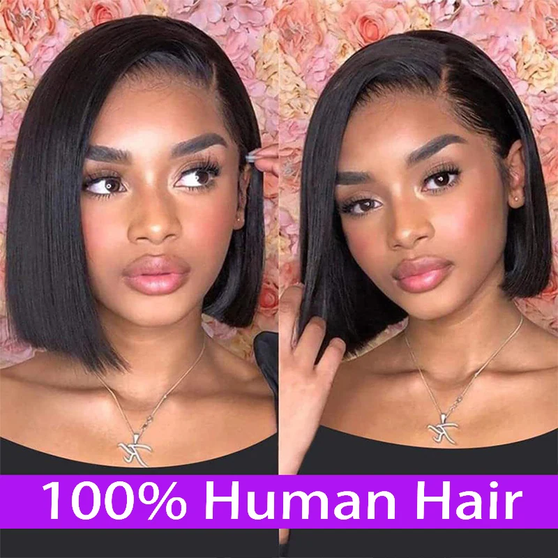 Peruca reta Bob para mulheres negras, cabelo humano, frente de renda, pré-arrancada, preto natural, pré-arrancada, densidade de 200%, 1B, 13x4