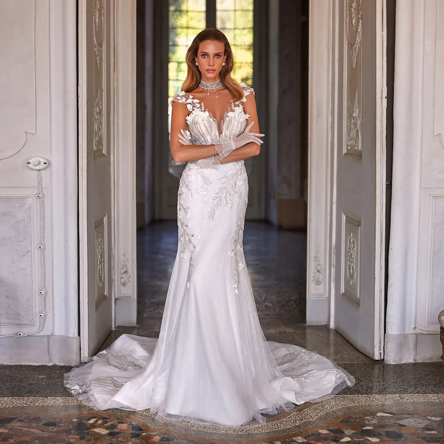 

Sharon Said 2025 Romantic 3D Flower Mermaid Off White Lace Wedding Dress Elegant Sexy Deep V-Neck Bride Gowns SW463 Customized