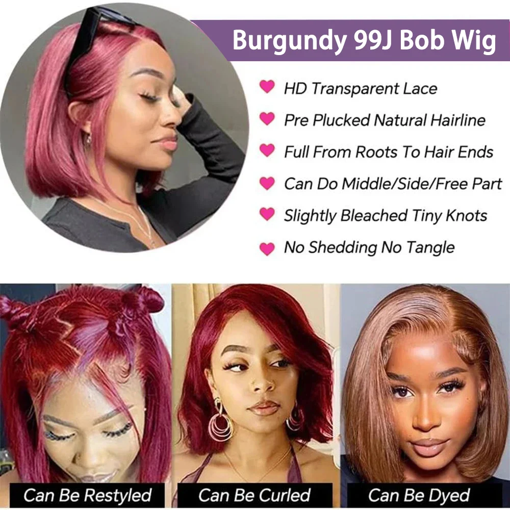 Brazylijski Burgundy 13x4 Lace Front Wigs For Women Pre Plucked HD Transparent Lace Front Human Hair Short Straight Bob 99J Red