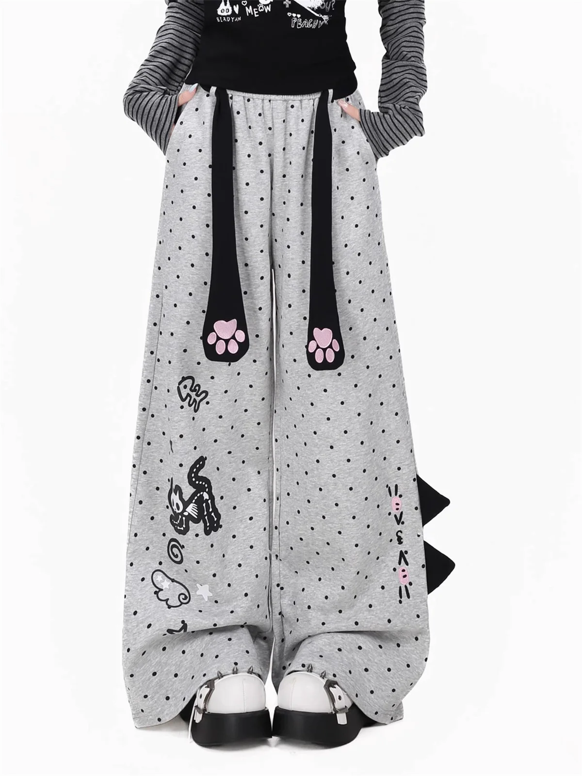 Japanische Süße Coole Neue Polka-Dots Niedlicher Cartoon-Print Hochgeschnittene Hose Lose Lässige Gerade Jogginghose Schwarze Damenhose – Detail 1