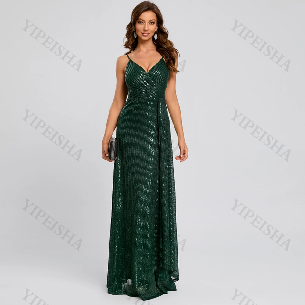 Customized Emerald Prom Gown Glitter V-Neck Straight Backless Sequined Formal Evening Dresses Simple Spaghetti Strap Long Party