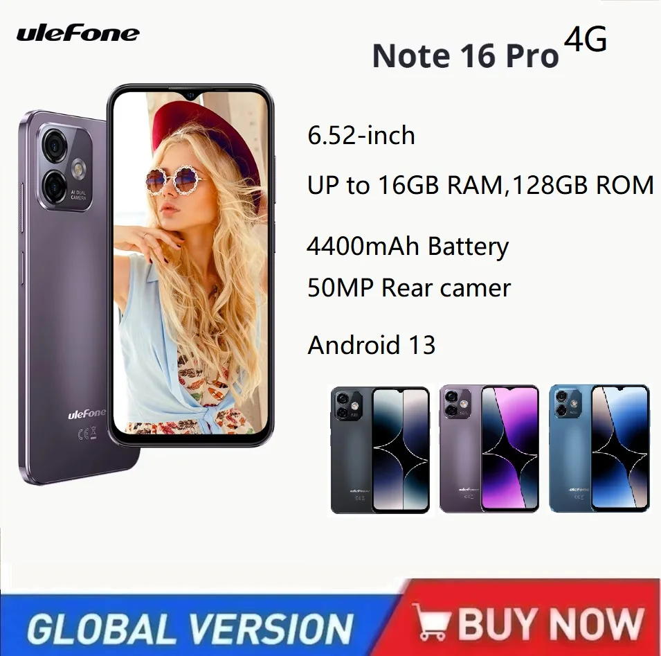 Ulefone Note 16 Pro Up to 16GB RAM + 128GB ROM Android 13 Global Version 50MP 6.52 inch 4400mAh GPS 4G Cellula