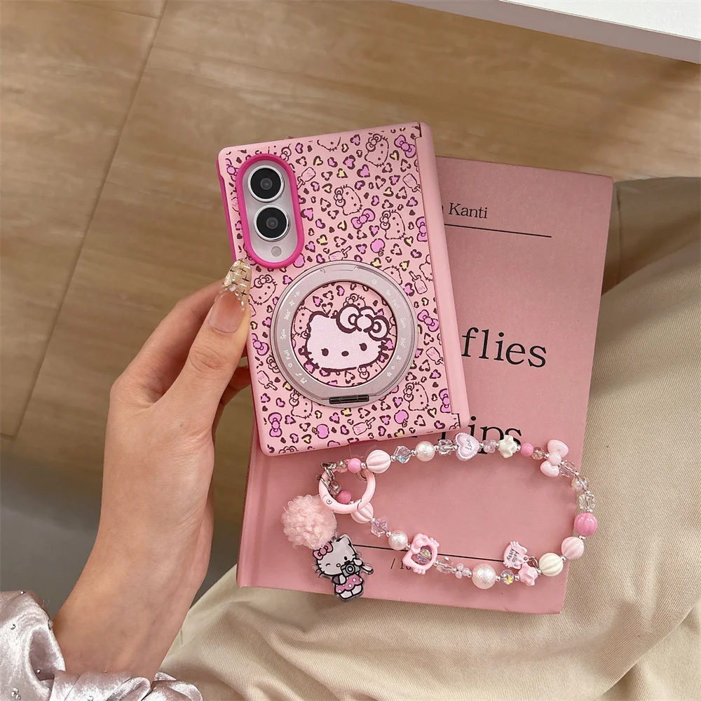 New Fashion Leopard Print Cartoon Cat Phone Case for Samsung Galaxy Z Fold 8 Fold 8 With Magsafe Holder Chain Shockproof Cover