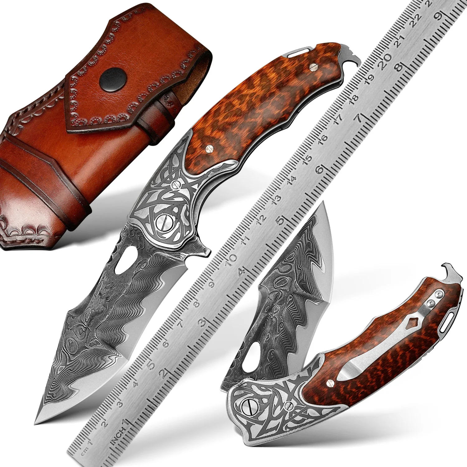 

VG10 Damascus Folding Knife – Utility Multipurpose Portable Pocket Tool for Outdoor Hiking Camping with Snake Wood Handle & Leat