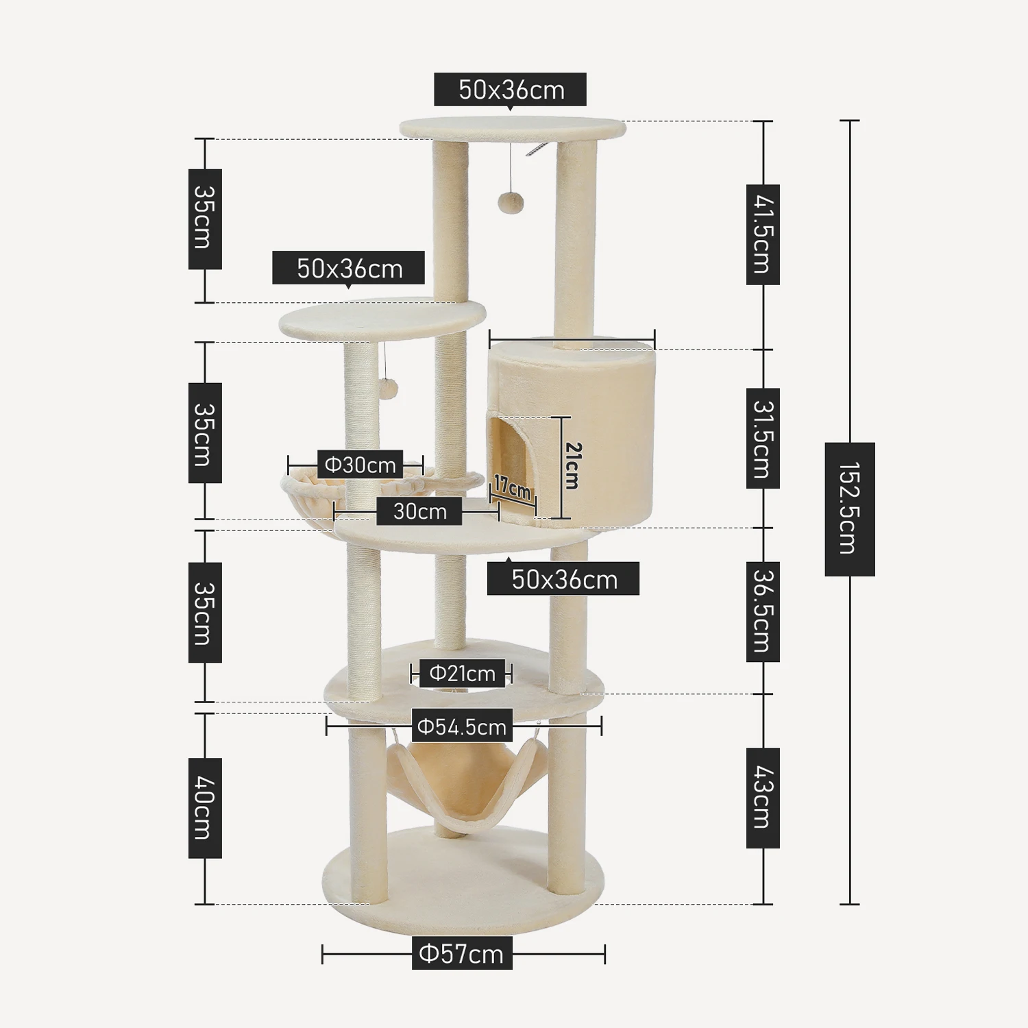 Imagem -06 - Grande Torre de Árvore de Gato Multi-nível com Arranhões Poleiro do Condomínio Arranhões de Sisal Totalmente Bola Hummock Cinza e Bege H152cm