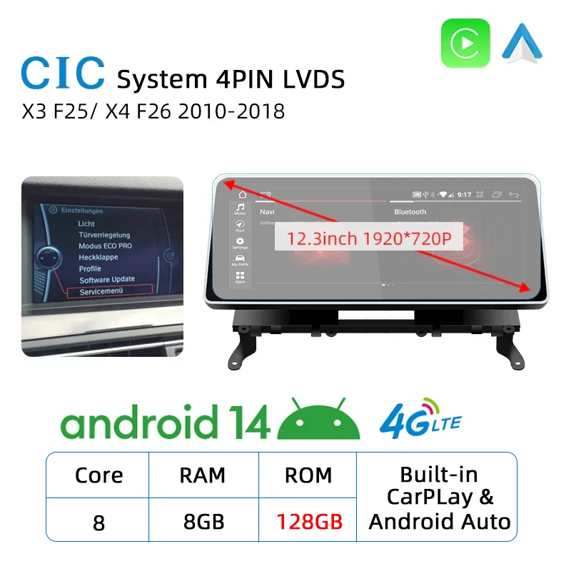 12,3 Inch NIEUW ID8 Android 14 Carplay Touchscreen voor BMW X3 F25 X4 F26 Autostereo Autoradio Multimedia Speler Navi 4G WIFI DSP