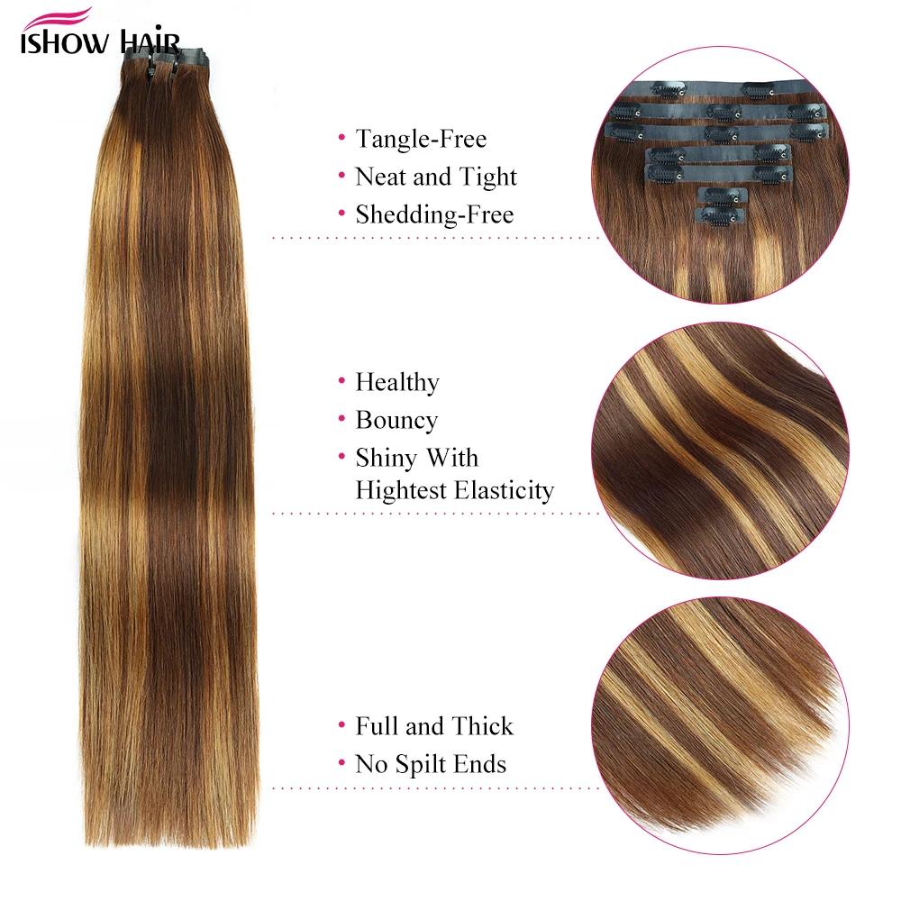 Ishow تسليط الضوء على كليب في شعر مستعار بشري P4/27 اللون البني مستقيم كليب في الشعر التمديد 7 9 قطعة/المجموعة كامل الرأس للنساء #3