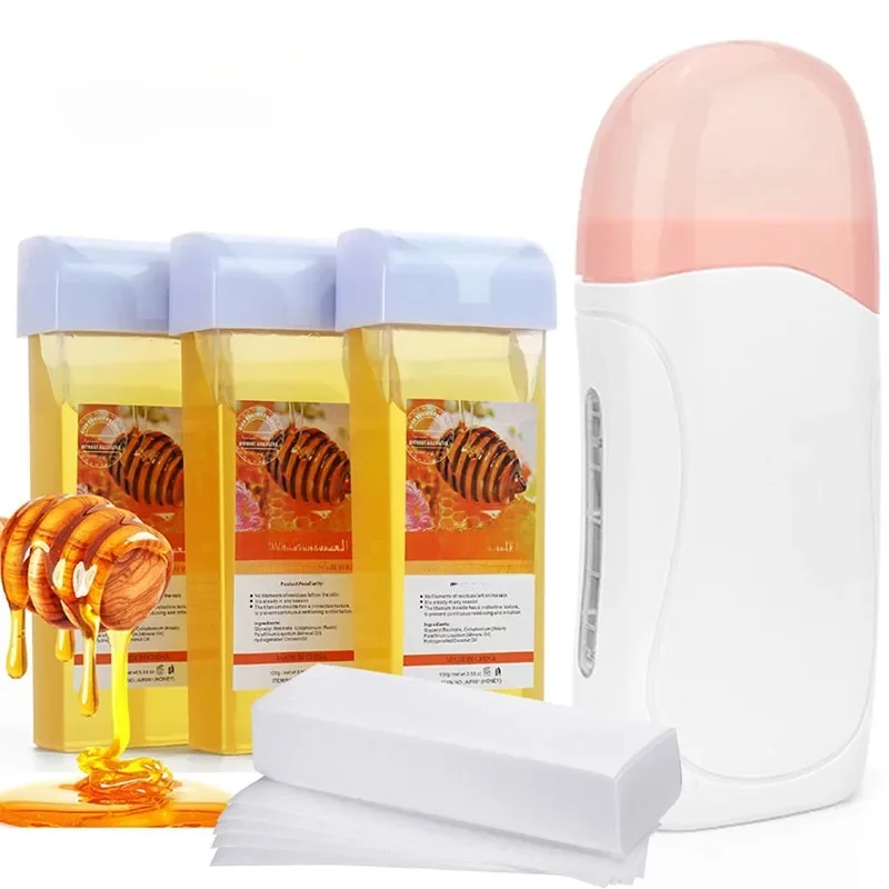 Roll-On-Wachs-Set mit Wachskartuschen und Wachsstreifen, 3-in-1-Soft-Wachs-Heizgerät-Set, Haarentfernungs-Wachspapier, Wachs-Kit-Wärmer