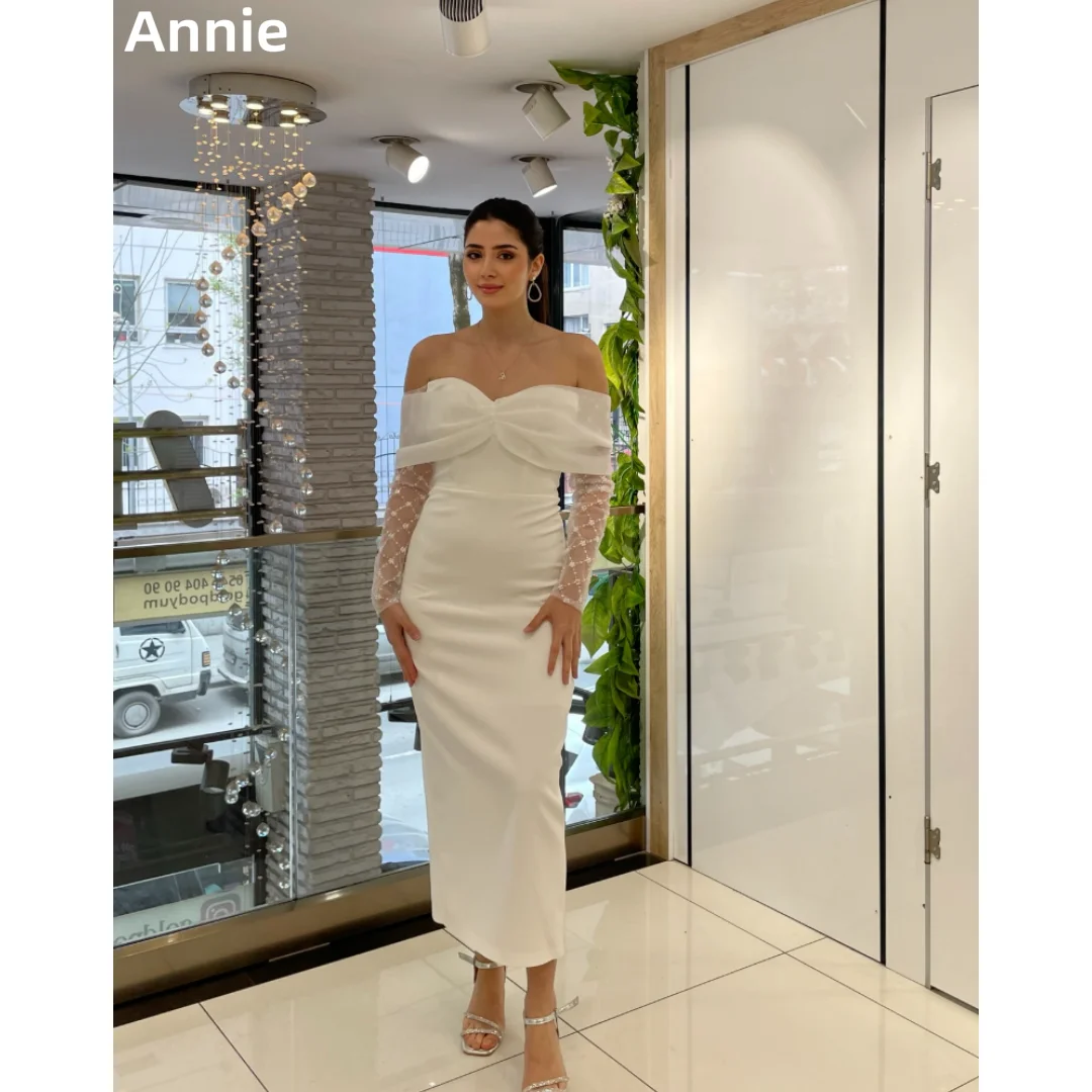 

Annie Glitter Embroidered Long Sleeves Prom Dresses Gorgeous White Ankle Evening Dresses Ladies Formal Occasions فساتين سهرة