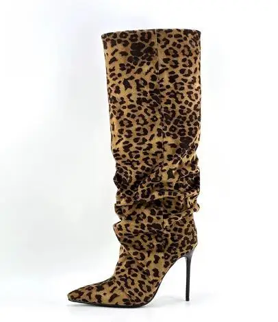 

Sexy Leopard Suede Pleated Pointed Toe Thin Heels Knee High Boots Women Run Way Tube Slip On Modern Long Boots Drop Shipping