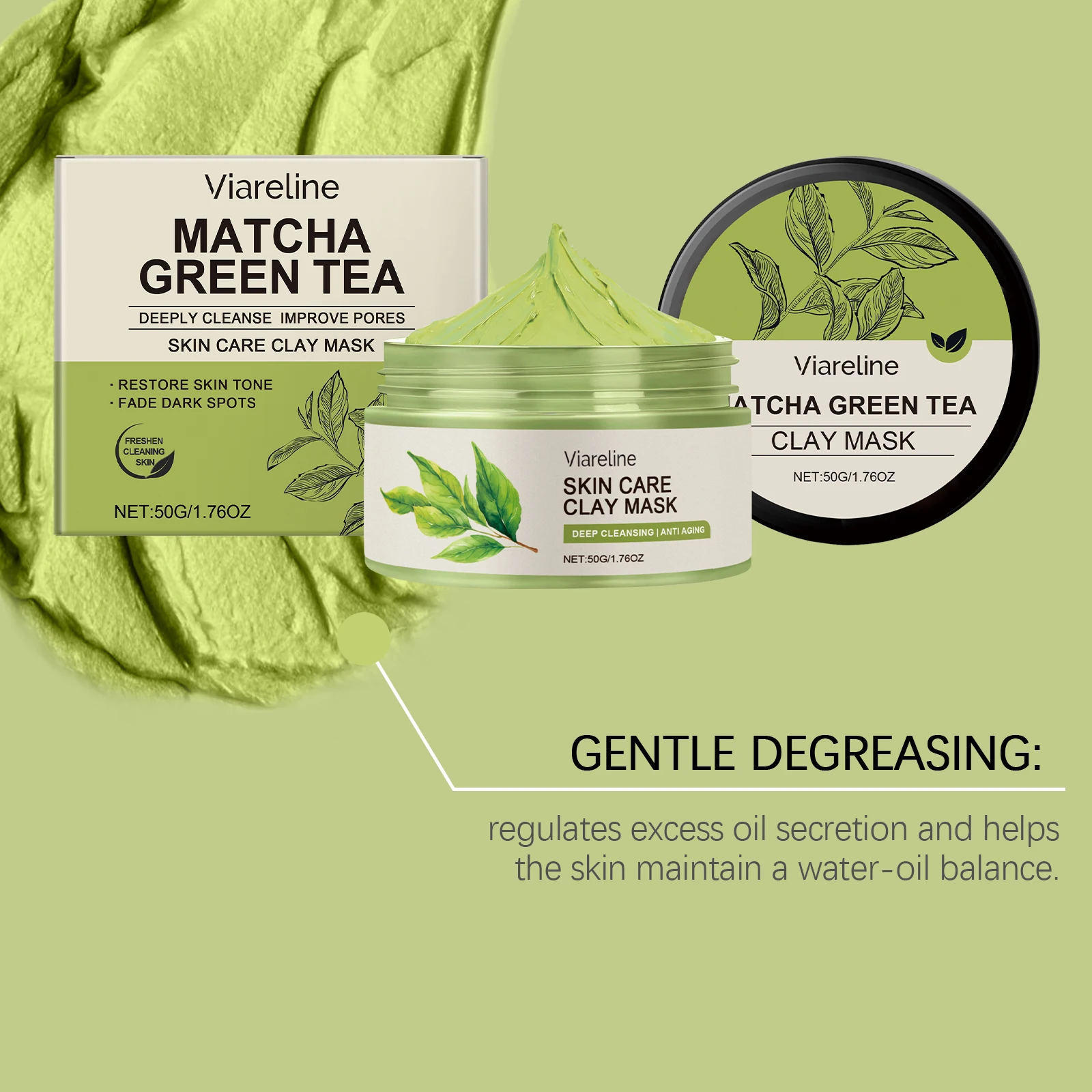 Matcha Green Tea Clay Mask Camellia Sinensis Leaf Extract Deep Cleanse Pores Remove Excess Oil Hydrate Refine Texture Smooth Skin Facial Mud Mask