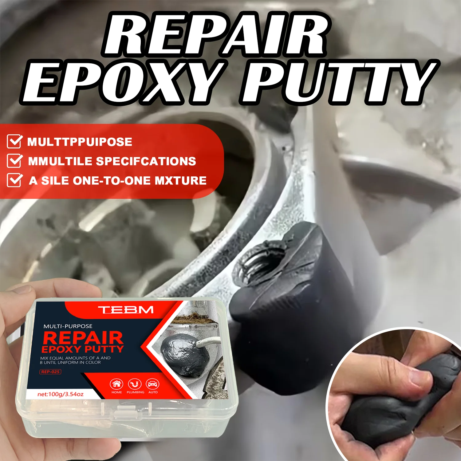 Two-Part Epoxy Putty, Hand-Kneadable Repair Adhesive, 30-Min Working Time, White/Black Options, for Plumbing, Automotive DIY Use