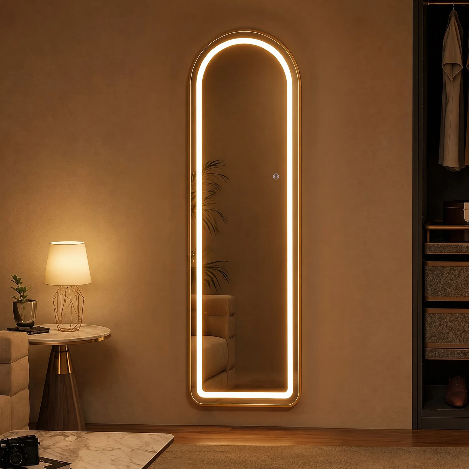 Superaly, specchio a figura intera con cornice ad arco dorata, dimensioni 150x40 cm, specchio da terra, specchio per il trucco, specchio da toeletta, specchio da parete, superficie in vetro temperato,