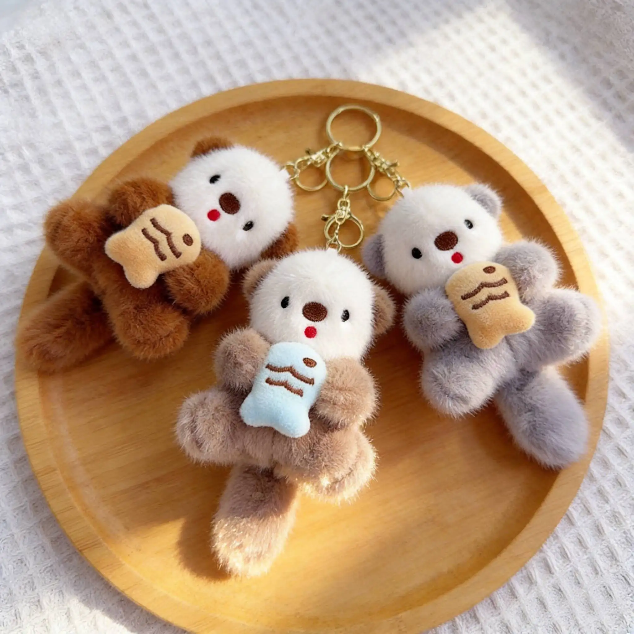 Sea Otter Holding Fish Plush Bag Pendant Keychain Cute Stuffed Otter Doll With Fish Soft Kawaii Animal Hanging Ornament Sweet