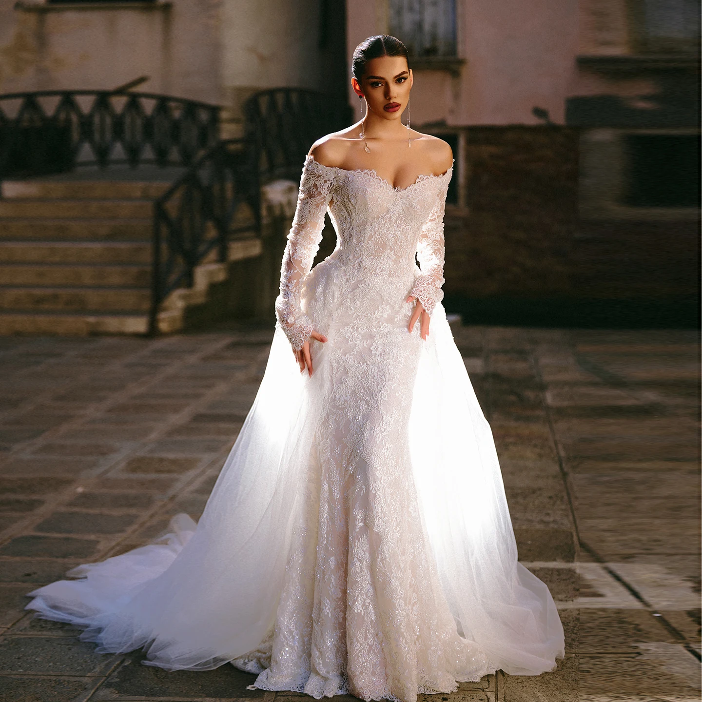 

Sharon Said Sexy Mermaid Off White Lace Wedding Dresses 2025 Classic Long Sleeve With Overskirt Bridal Gowns SW308 Customized