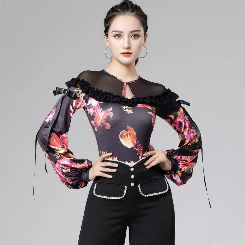 

Latin Dance Tops Professional Rumba Practice Clothing Modern Standard Dance Long Sleeve Jumpsuit Samba Training Shirts DQL7529