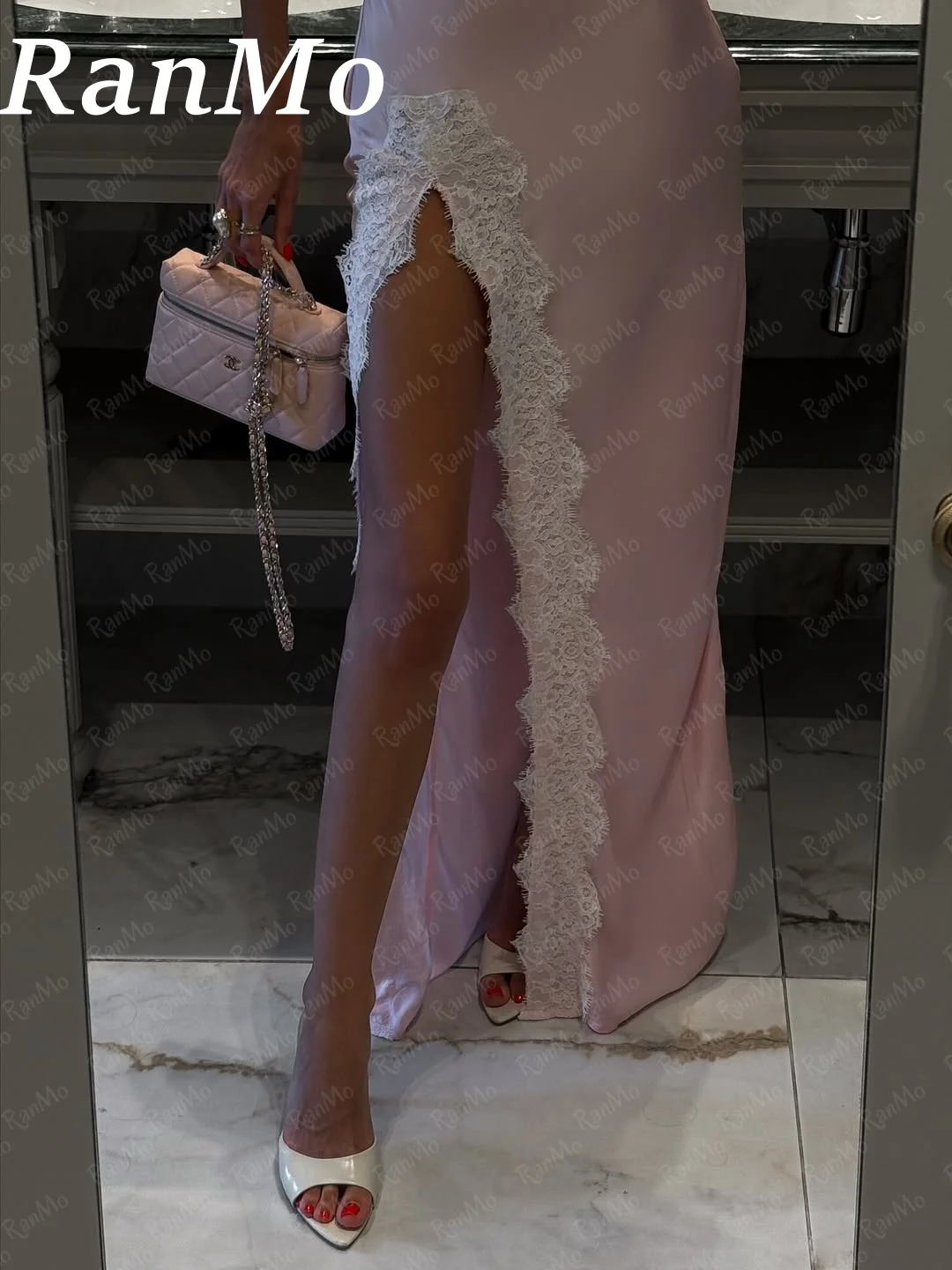 란모 핑크 사우디 두바이 머메이드 프롬 드레스 새틴 레이스 정장 프롬 드레스 스파게티 스트랩 베스티도스 데 피에스타 우아한 맞춤형