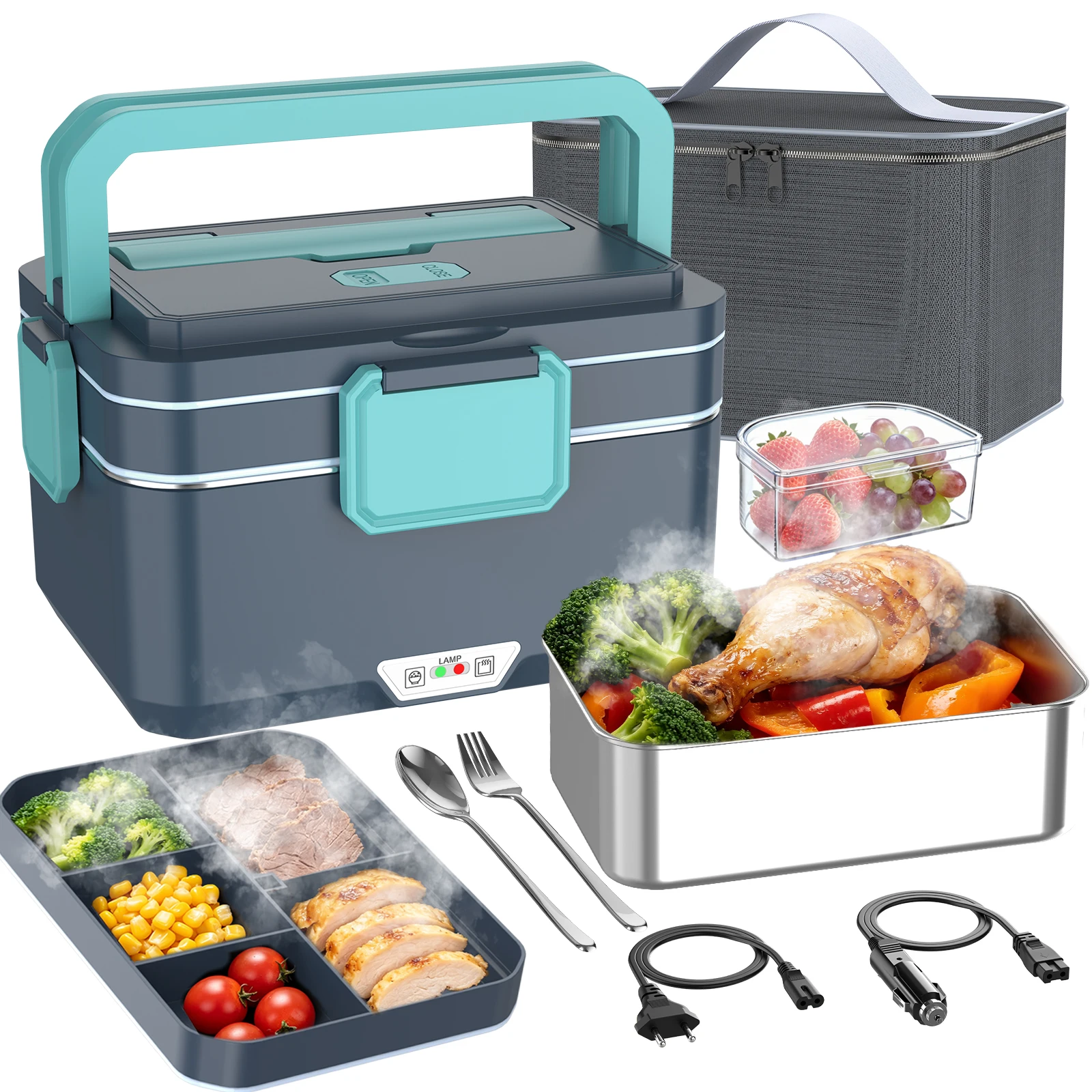 90W Elektrische Lunchbox 3,5L, 12V/24V/220V, tragbare beheizte Lunchbox für Erwachsene, Dual-Voltage-Speisewärmer mit Edelstahlbehälter für Büro und Reisen