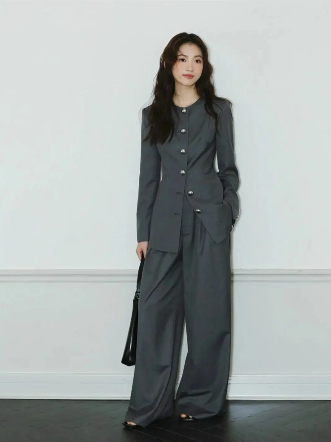 

Autumn winter women's deep gray long sleeved wool blend suit