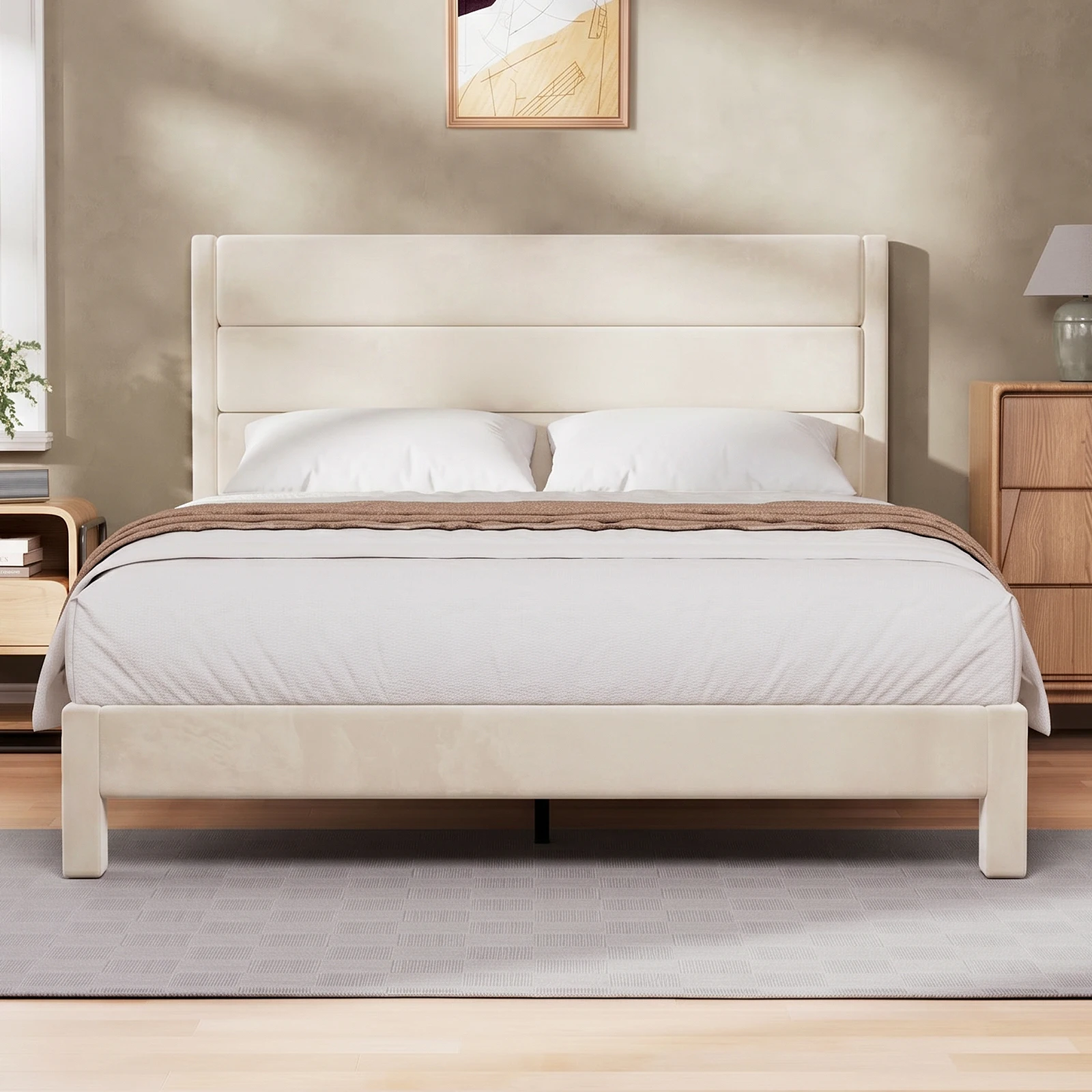 Letto matrimoniale imbottito 140×200cm – Letto per adulti con testiera imbottita – 10 doghe in legno massello e 9 gambe – Facile da montare, robusto e