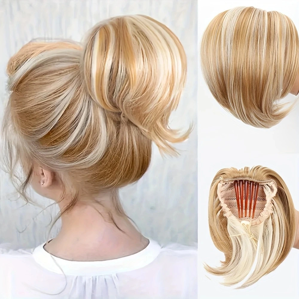 Short synthetic hair bun extension - Comb clip and drawstring updo - bun, ponytail style, easy to wear