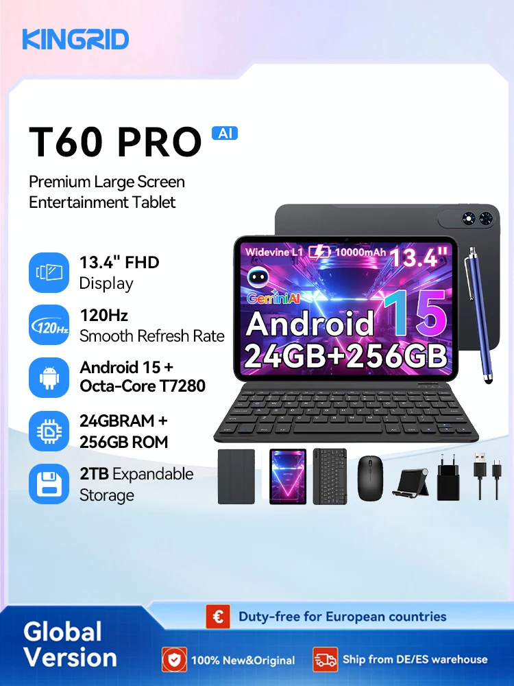 KINGRID T60 Pro Tablet Android 13.4 Zoll Android 15 Tablet-PC, 120Hz Display, 24GB RAM + 256GB ROM, 10000mAh Akku, Octa-Core Gaming-Tablet, 5G WLAN