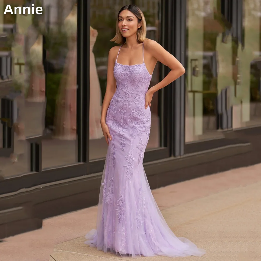 

Annie Lavender Purple Prom Dresses Embroidered Tulle Evening Dresses Sexy Mermaid With Exposed Back Wedding Party Dresses