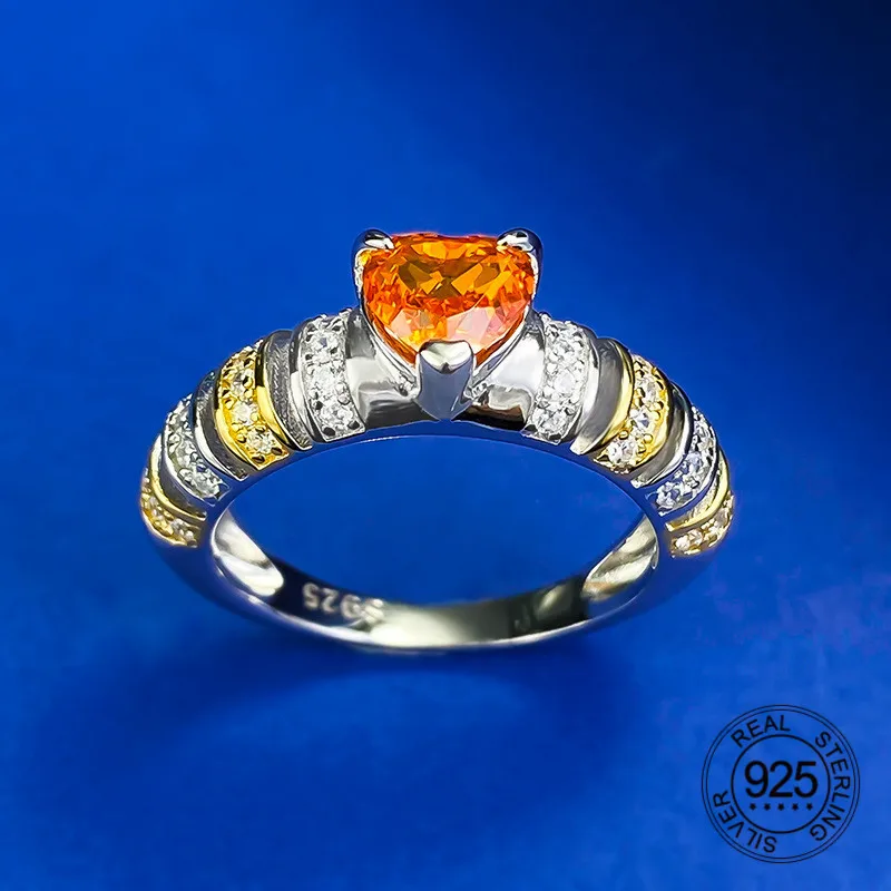 925 Sterling Silber Zirkon Schmuck 6mm Herzform orange rot Farbe High Carbon Diamant Lady Fingerring