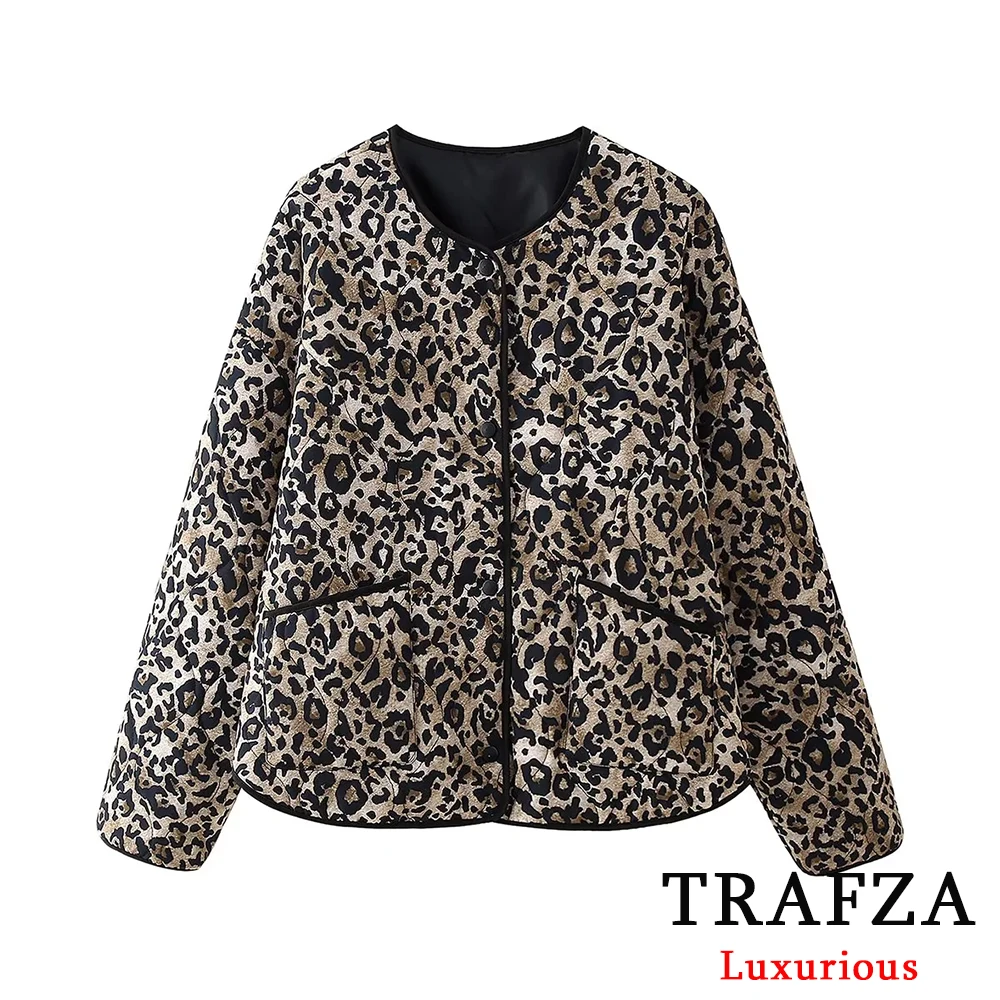 TRAFZA Casual Leopard Print Oversized Jackets Women Long Sleeve O Neck Buttons Coats Fashion 2024 Autumn Winter Female Outwears