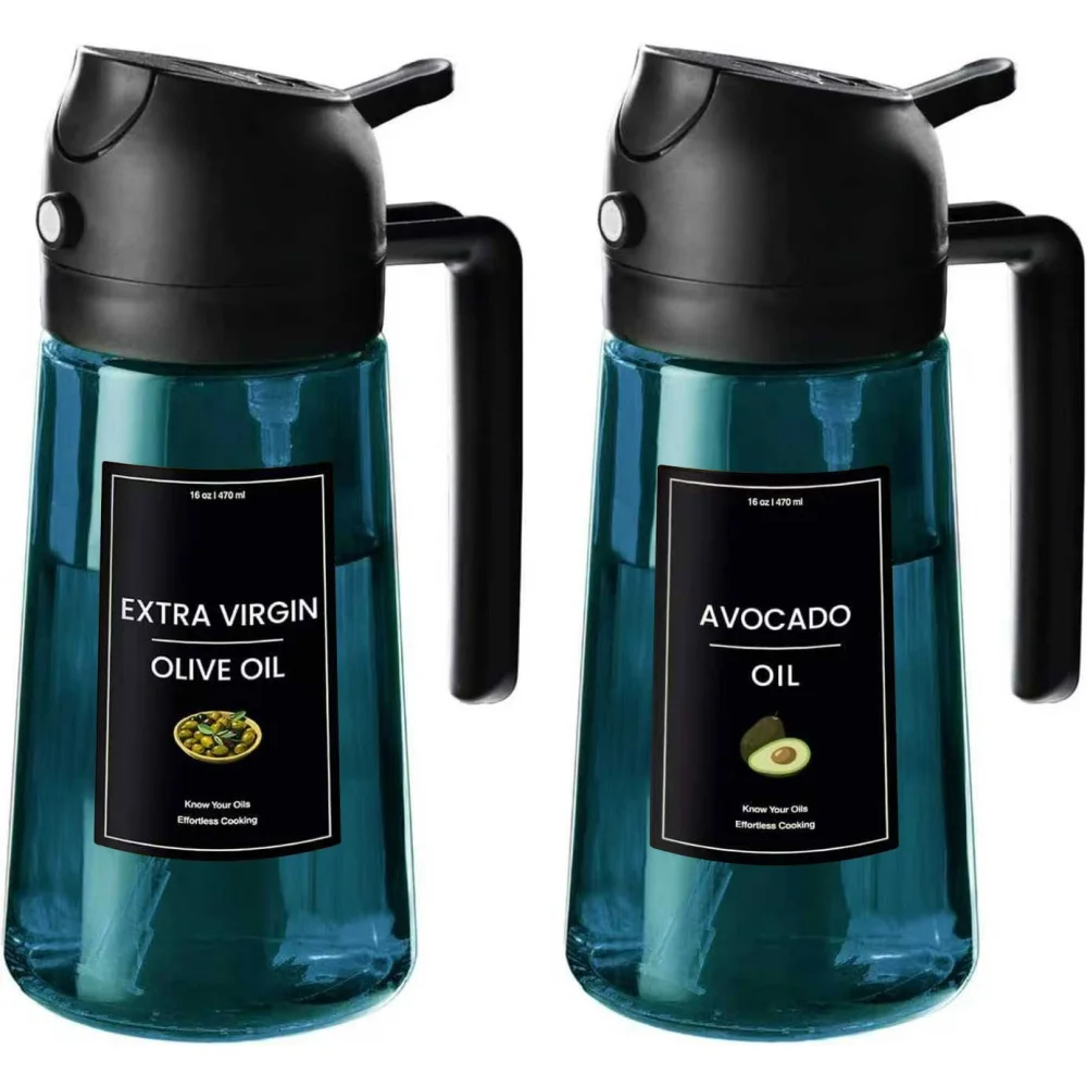 Spray de Azeite de Vidro Azul de 16oz/470ml para Cozinha - Dispensador de Azeite 2 em 1 para Utensílios de Cozinha, Fritadeira a Ar, Salada e Churrasco