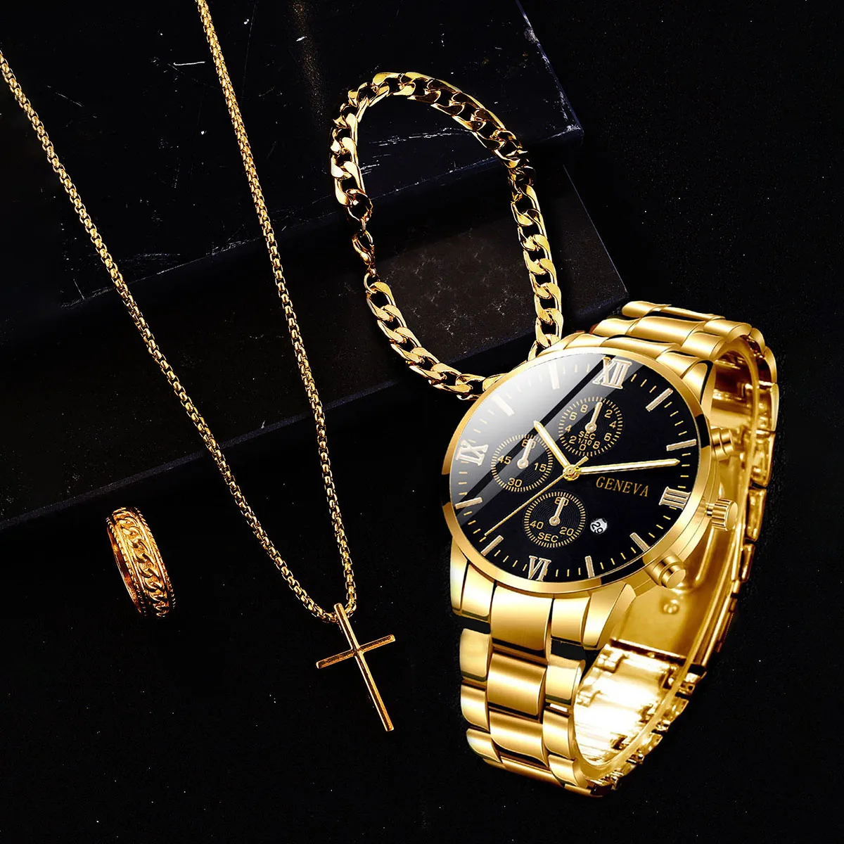 4-Piece Set of Gold Alloy Roman Calendar Men's Quartz Watch with Cross Necklace, Bracelet, and Ring Set, Selected Gift, Without Gift Box
