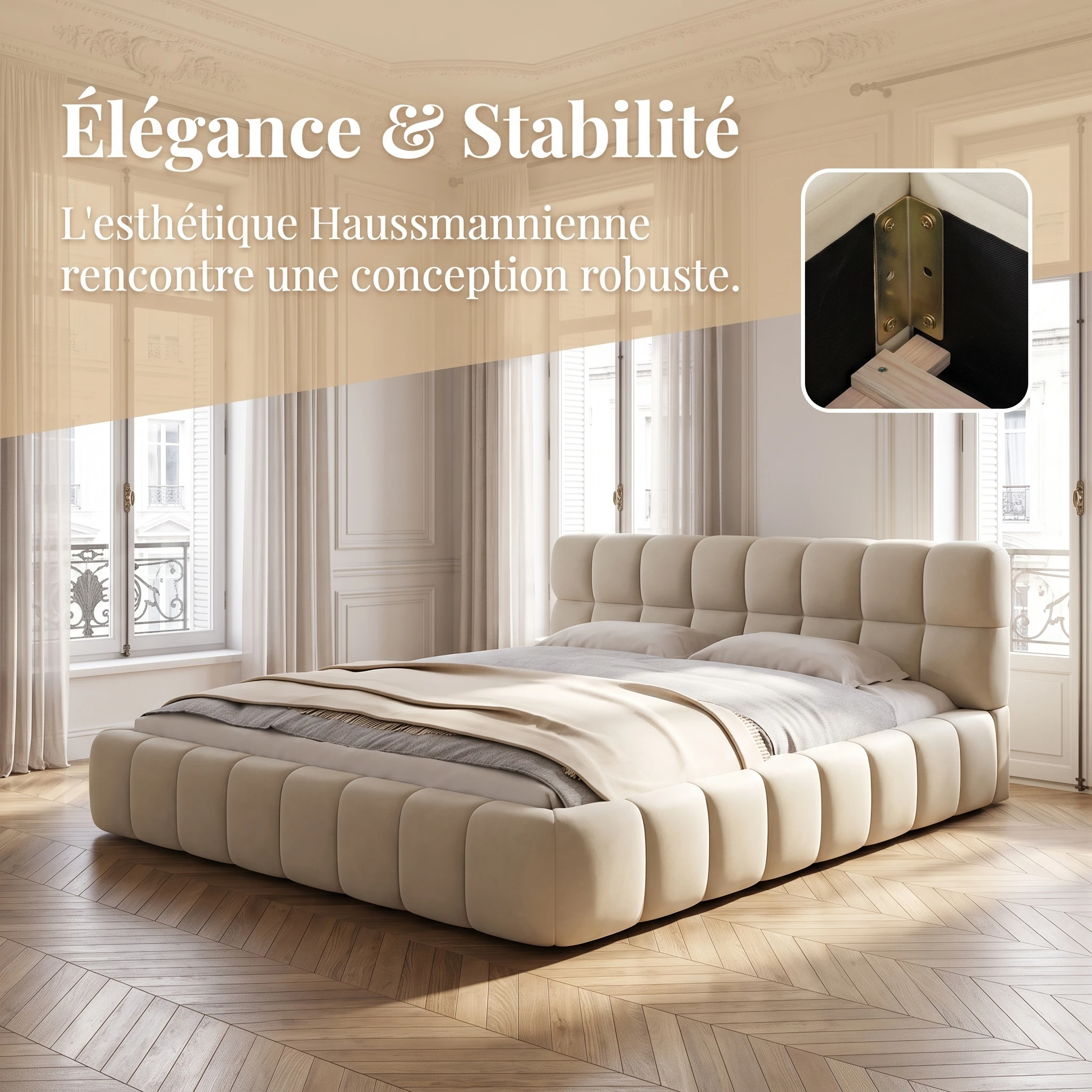 Lit rembourré 140x190 cm, lit Double avec Dossier Souple et sommier à Lattes, pour Adultes et Adolescents, Lin,Beige