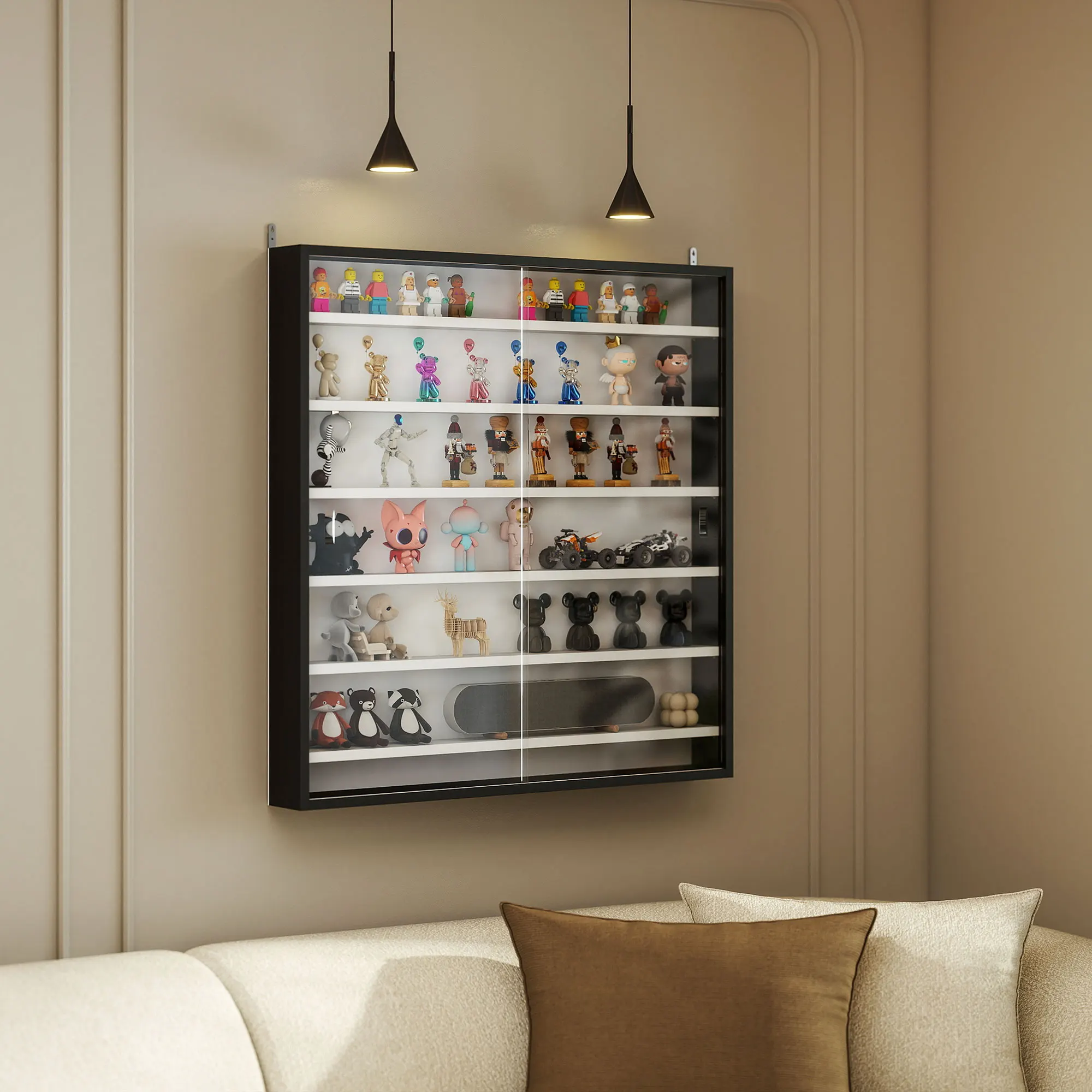 Vitrine murale, présentoir en verre avec étagères réglables et portes coulissantes en verre, vitrine anti-poussière pour objets de collection, figurines, cosmétiques et accessoires de jeux.