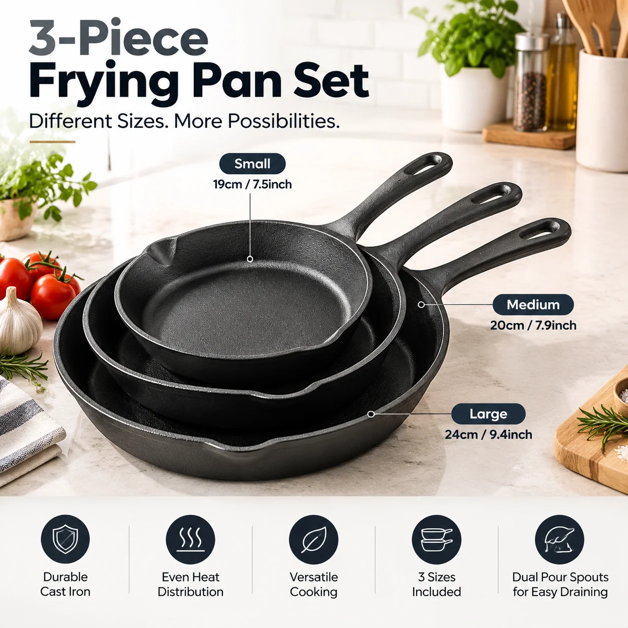 3PCS Cast Iron Skillet Set, Pre-Seasoned Frying Pans in 3 Sizes, Heavy Duty Cookware Set with Dual Pour Spouts for Kitchen Cooking