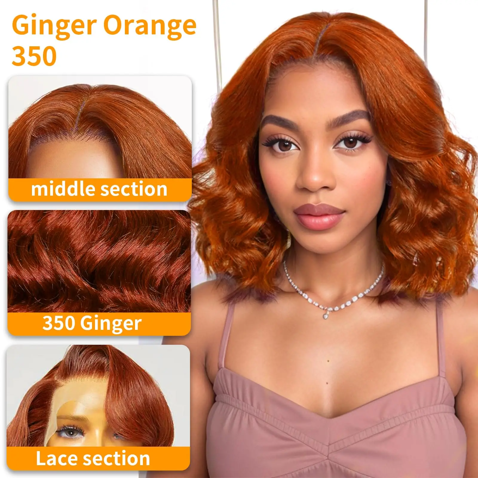 Pelucas sin pegamento de 180% de densidad para mujer, cabello humano con ondas sueltas, color naranja jengibre, 5x5, cierre HD