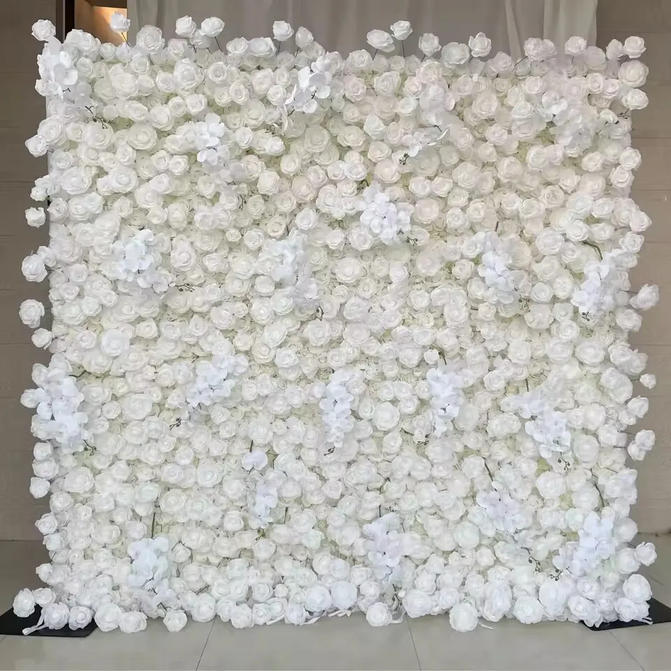 

White 3D artificial flower wall backdrop for outdoor wedding/birthday party/anniversary/proposal scene, ready to use