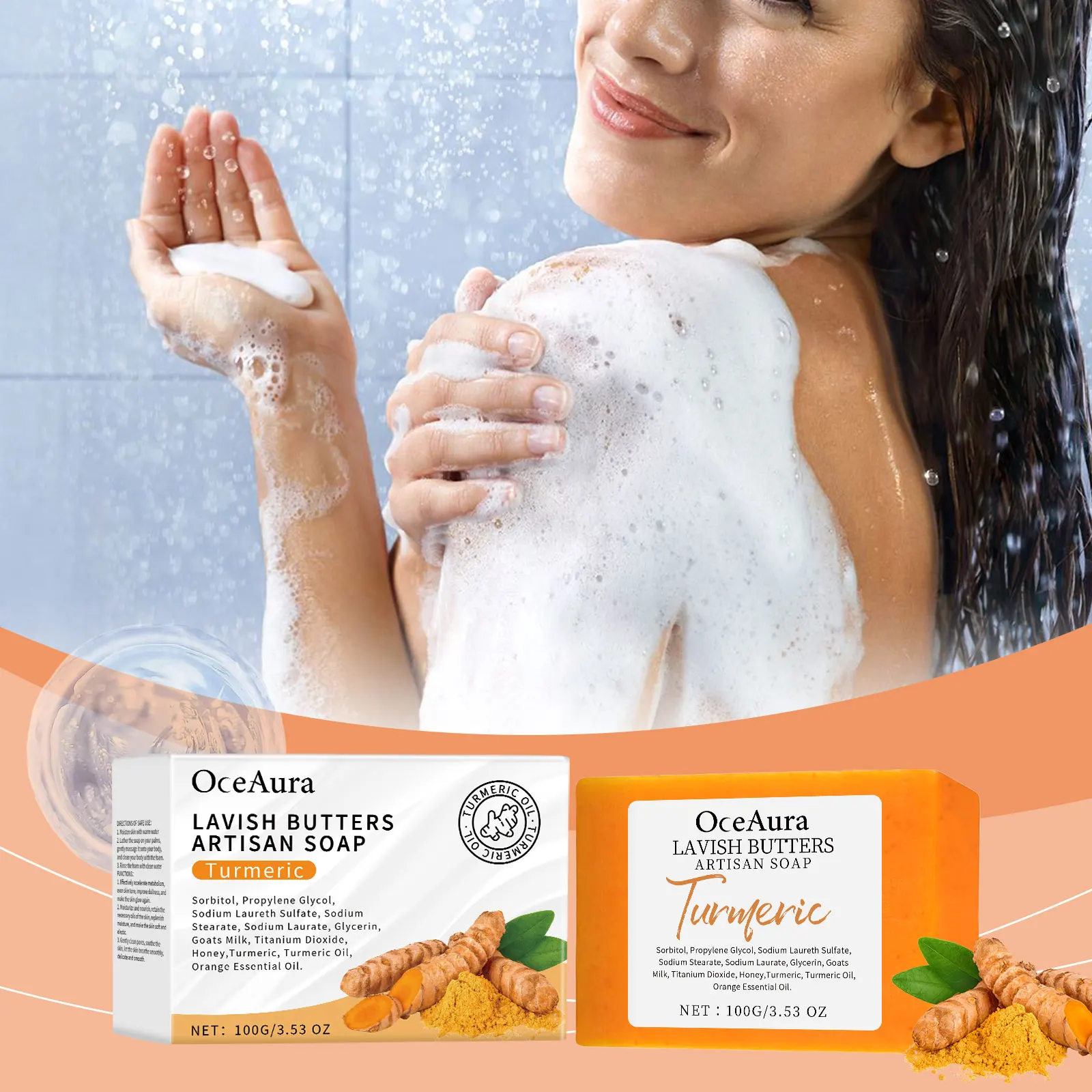

Oceaura 100 г мыло для купания с куркумой, отшелушивающее, нежное очищение, осветление тона кожи, удаление омертвевшей кожи, питание, гладкое мыло для душа