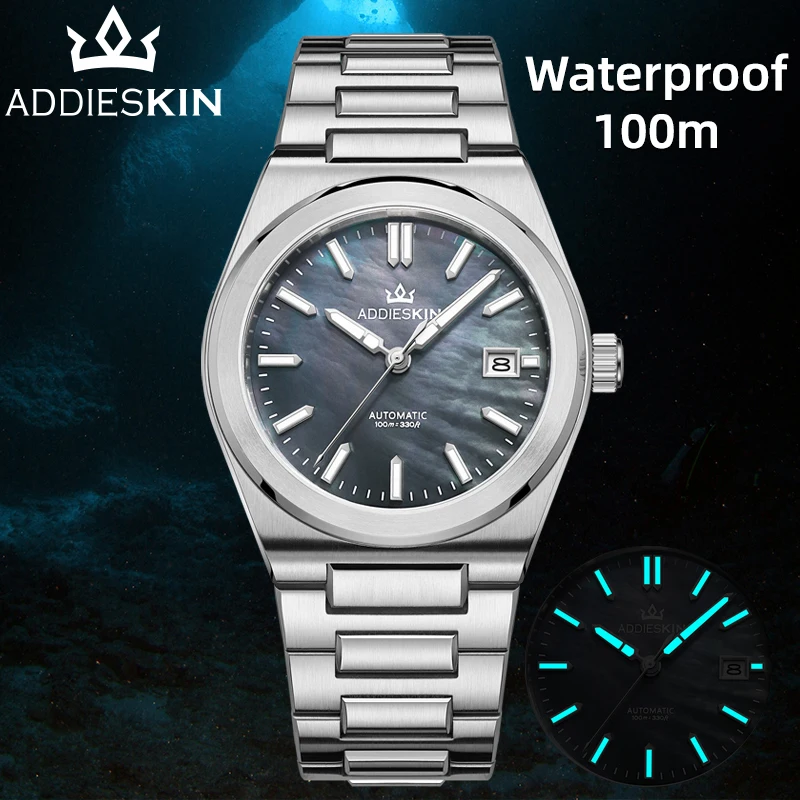 ADDIESKIN K008 BGW9 Luminous Mother of Pearl Dial Automatic Watch Men Sapphire Crystal 100m Waterproof Stainless Steel Watch