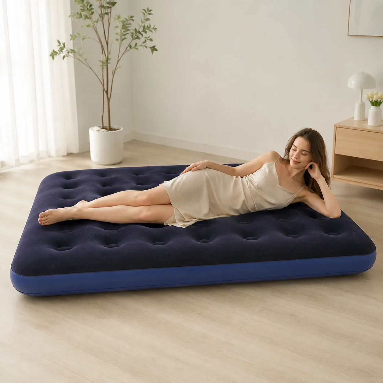 Inflatable Air Mattress Double Size Camping Bed with Flocked Surface Portable Blow Up Mattress Outdoor Guest Sleeping Bed