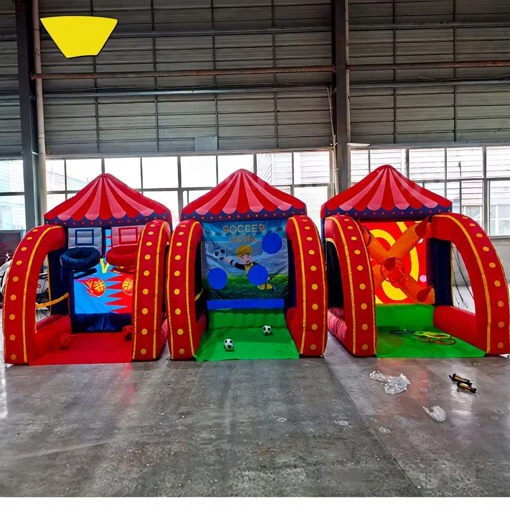 Oxford/PVC comercial 3 en 1 juego inflable de carnaval juegos deportivos inflables multi deportes baloncesto juego de fútbol para fiesta