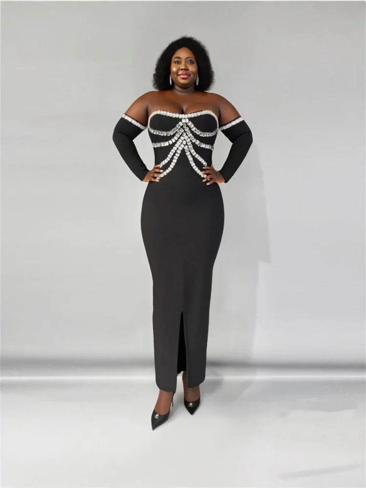 

Высококачественное летнее новое женское черное платье с открытыми плечами и пайетками, длинными рукавами и разрезом, элегантное вечернее платье