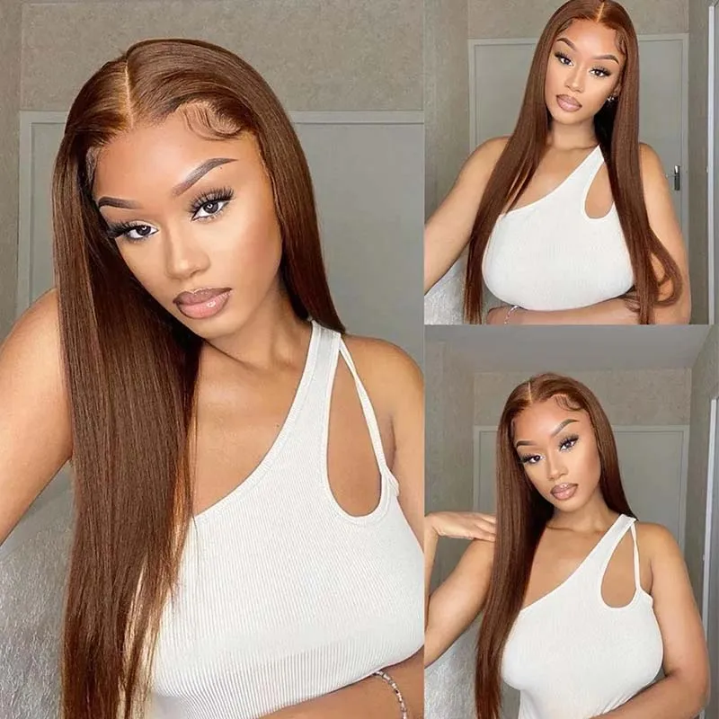 초콜릿 브라운 # 4개의 인모 1 3 묶음 스트레이트 번들 인모 미가공 레미 브라질 버진 헤어 번들 여성용