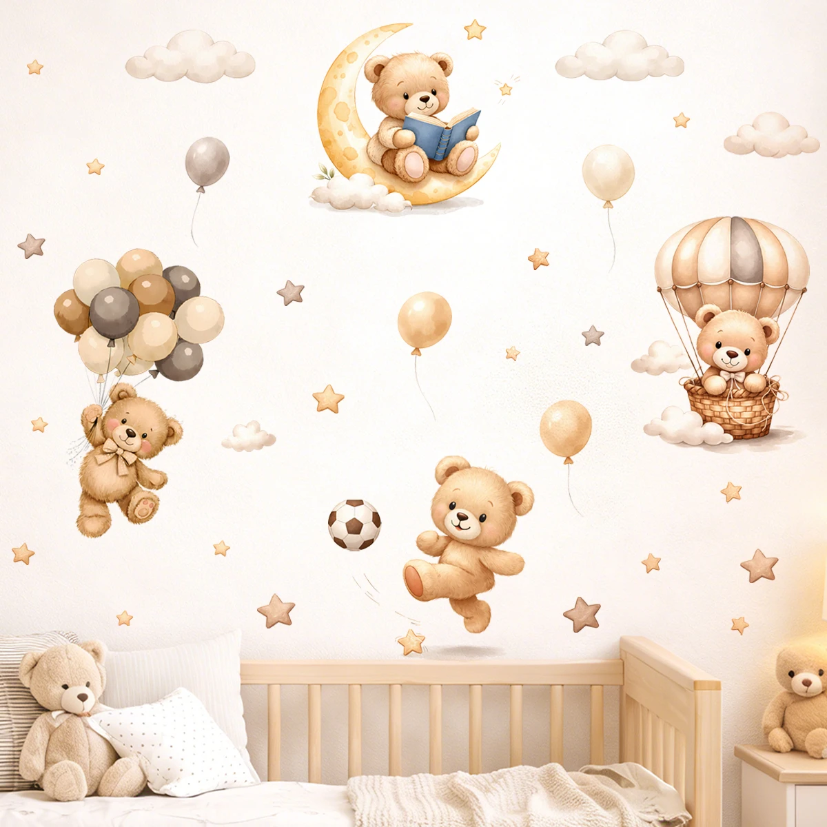 Adorable Teddy Bear Balloons Stars Clouds Wall Sticker Nursery Child Room Art Vinyl Decal Kids Room Bedroom Living Home Decor