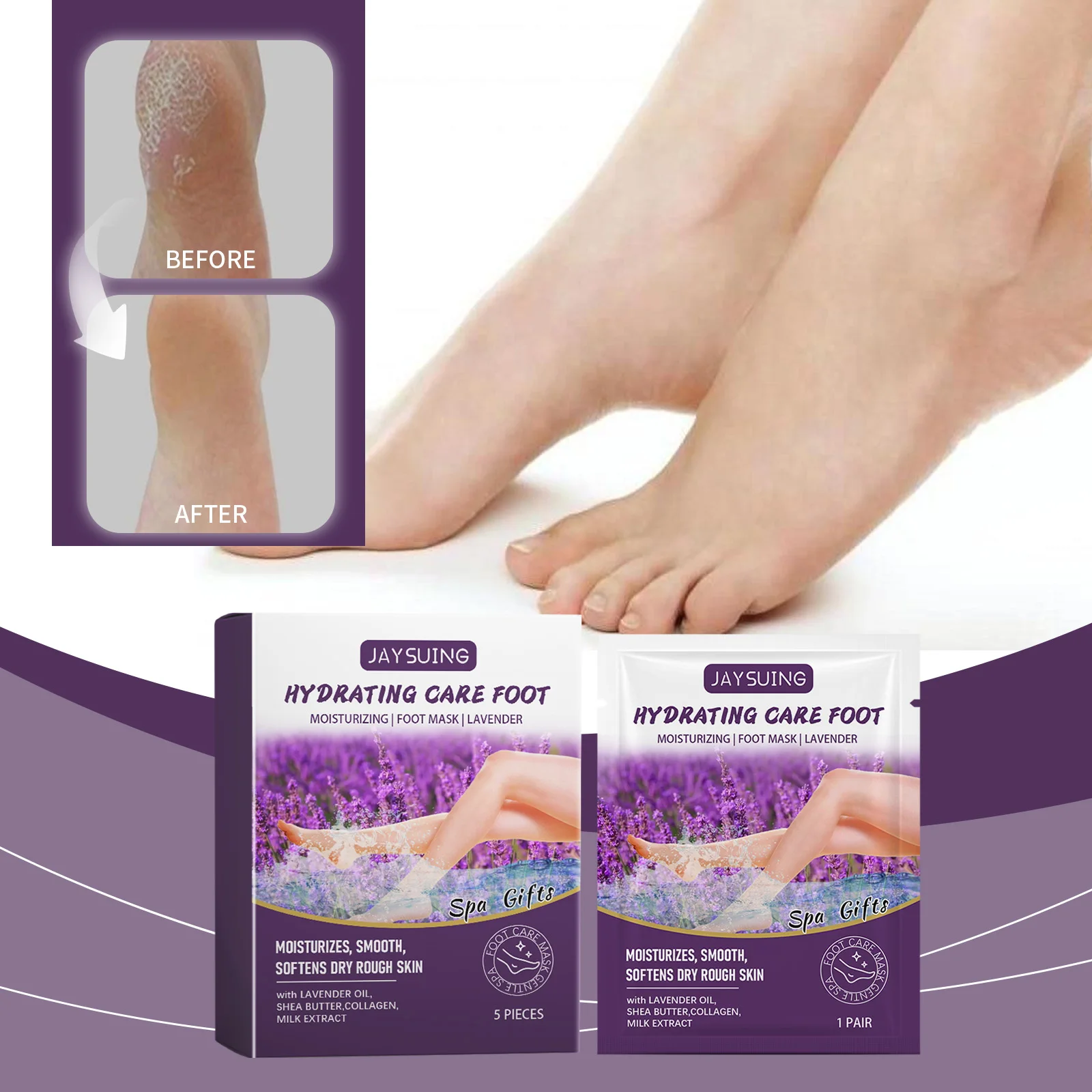 

JAYSUING 5 шт. Лавандовая маска для ног: увлажняющая, отбеливающая, отшелушивающая, для педикюра и ухода за кожей стоп