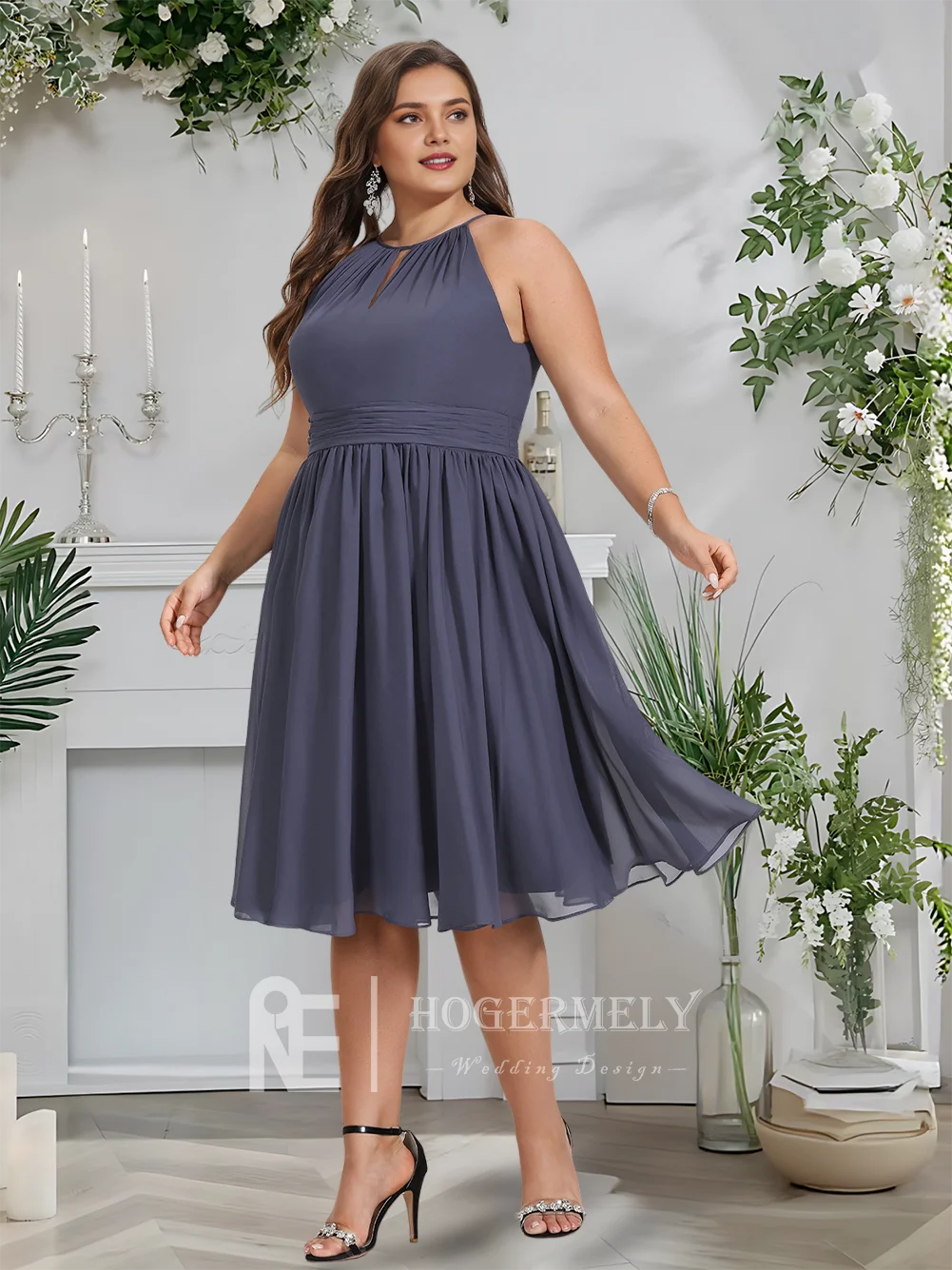 A Stormy A-Line Scoop Chiffon Cocktail Dresses With Ruffled Waist Gold Prom Dresses For Birthday Graduation Evening Dress