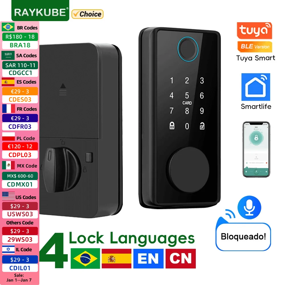 RAYKUBE DS01 cerradura de cerrojo inteligente Tuya Bluetooth de 4 idiomas con pestillo/llave de Sensor de puerta/contraseña/tarjeta/desbloqueo de