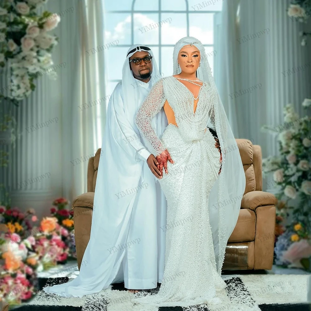 Aso Ebi فستان زفاف دانتيل 2025 فاخر كم طويل لؤلؤ رقبة دائرية مزين بحورية البحر من خلال فساتين العروس سويب تراين مخصص #1