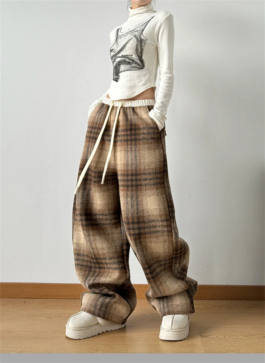 Fashion Warm Plush Pants Cashmere Thick Plaid Ladies Winter Casual Loose Wide-legged Pants Korean Streetwear Students Lazy Pants