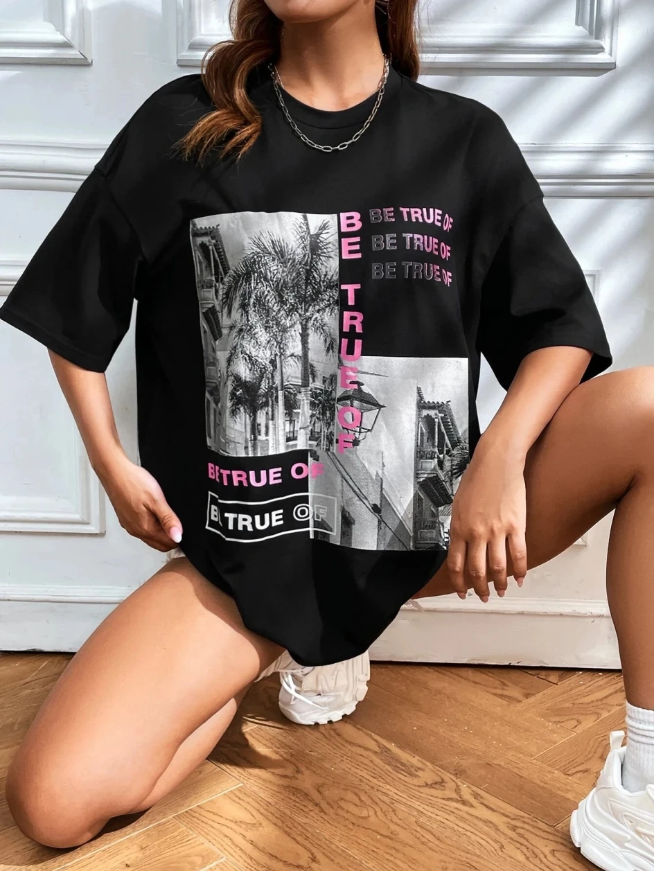 

Summer Women's Landscape Print T-shirt Leisure Retro Round Neck Cotton Sports Top Shirt Fashion Plus size Short Sleeve T-shirt